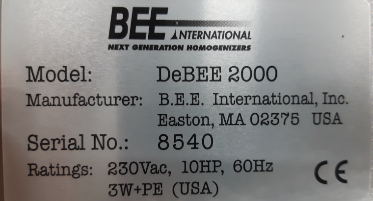 DeBEE 2000 High Pressure Homogenizer Never Used